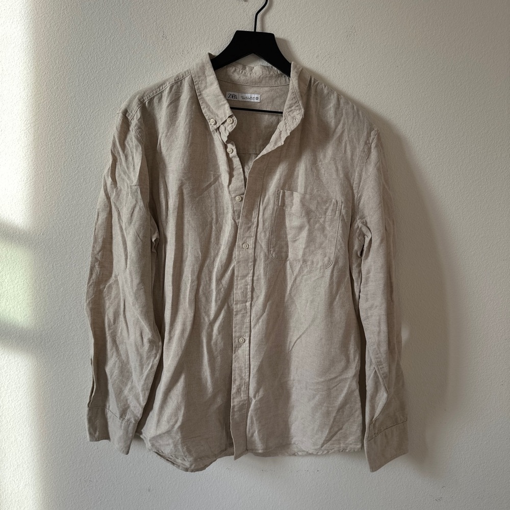 Zara Men’s Linen Blend Shirt Beige Light Tan Button-Down Top Size Large